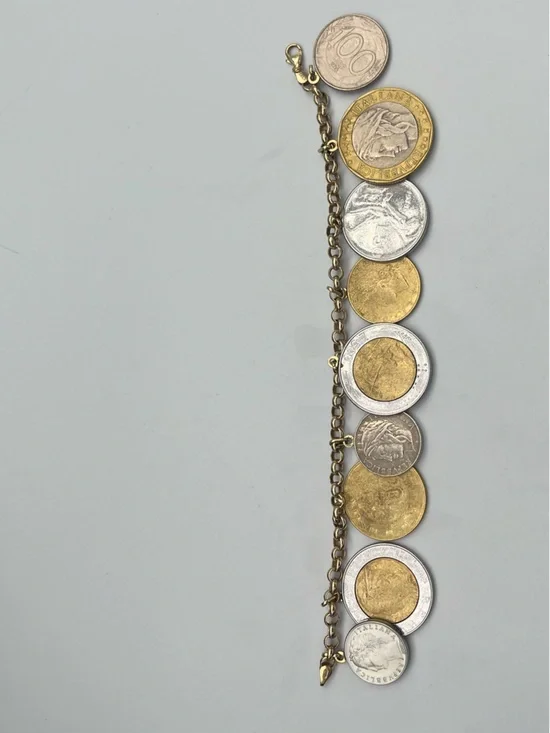 14K Italian Solid Yellow Gold Round Link 7” Lire / Lira Coin Charm Bracelet - Picture 2 of 8